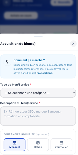 Écran de demande d'acquisition de biens dans l'application TontinePay