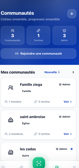 Écran Communautés de TontinePay : nombre de communautés, tontines et rôles d'administrateur