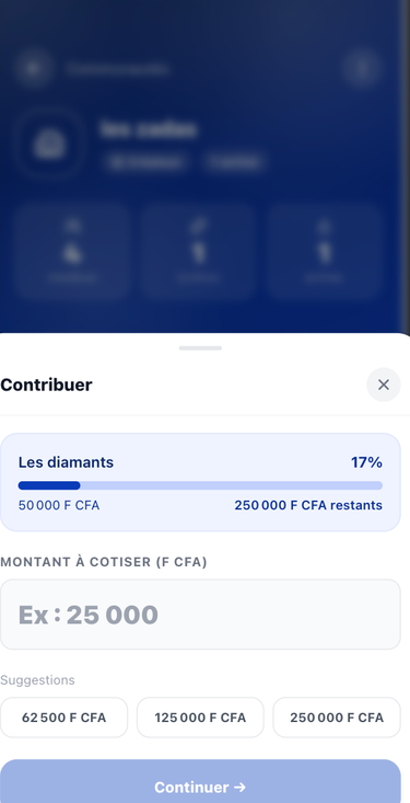 Écran de cotisation à une tontine dans l'application TontinePay