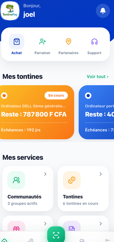 Écran d'accueil de l'application TontinePay