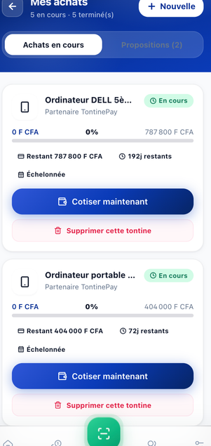 Écran Mes achats de TontinePay : suivi d'un achat en cours avec montant restant et bouton pour cotiser