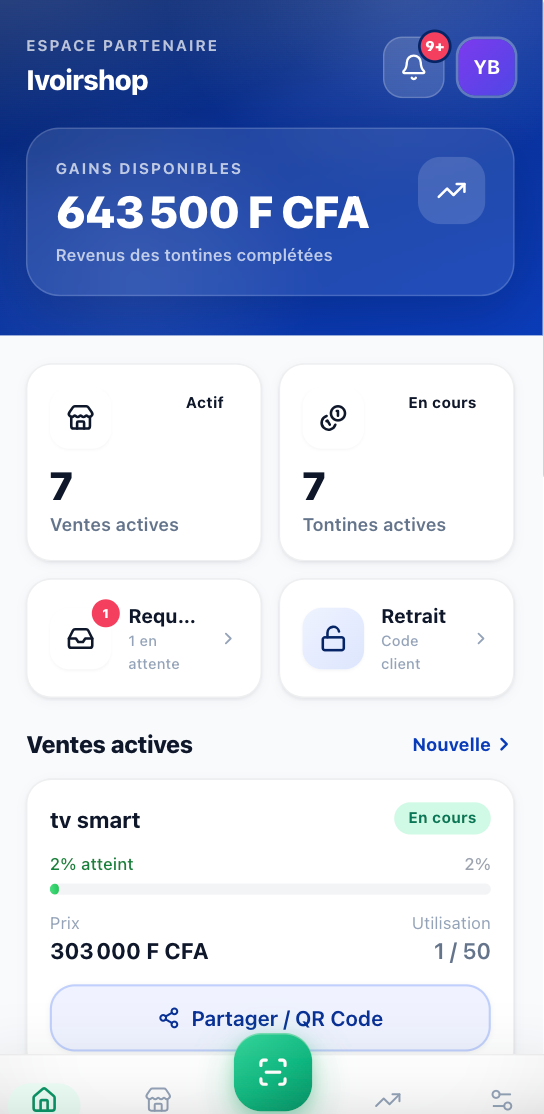 Écran Espace partenaire de TontinePay : gains disponibles, ventes actives, tontines actives et suivi des ventes