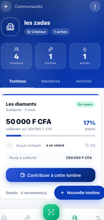 Écran de suivi d'une tontine TontinePay : montant collecté, pourcentage atteint et bouton pour contribuer